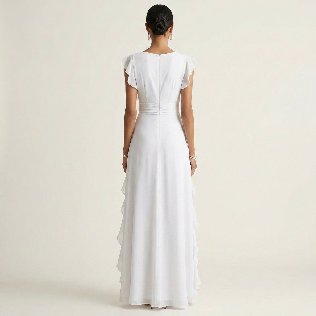 Nellyana | Vestido Maxi con Escote en V en Wrap con Mangas Flutter y Volantes Cascadantes