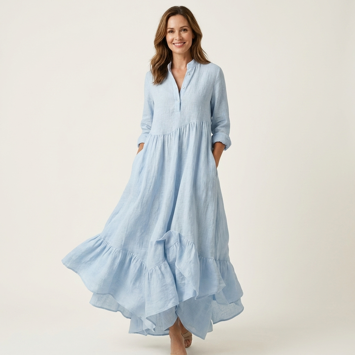 Jilana | Vestido maxi con cuello alto y cierre de botones con volantes en la parte inferior