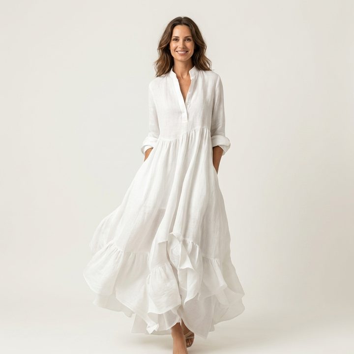 Jilana | Vestido maxi con cuello alto y cierre de botones con volantes en la parte inferior