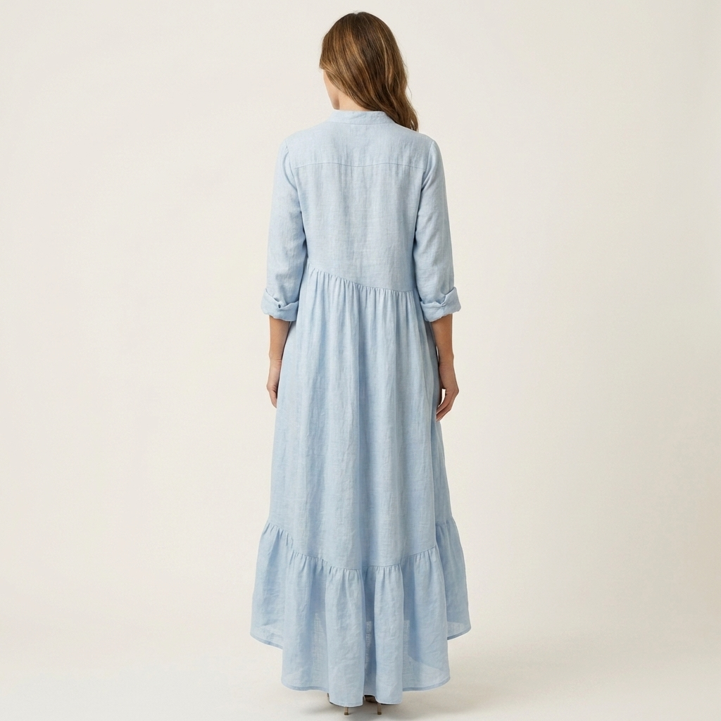 Jilana | Vestido maxi con cuello alto y cierre de botones con volantes en la parte inferior
