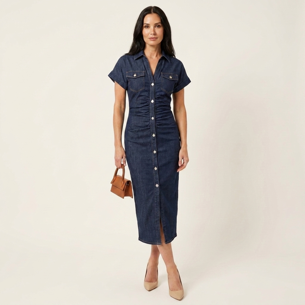 Maya | Vestido Midi Bodycon de Denim con Botones en la Parte Delantera