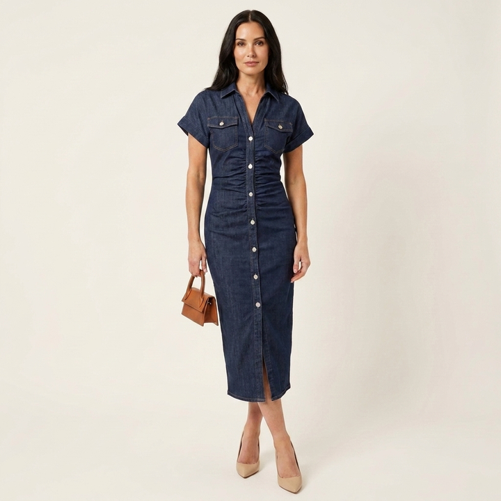 Maya | Vestido Midi Bodycon de Denim con Botones en la Parte Delantera
