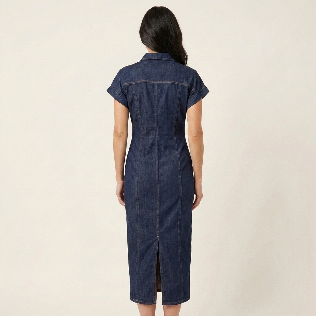 Maya | Vestido Midi Bodycon de Denim con Botones en la Parte Delantera