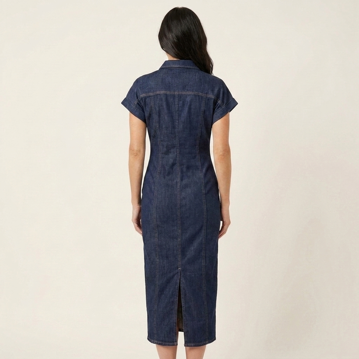 Maya | Vestido Midi Bodycon de Denim con Botones en la Parte Delantera