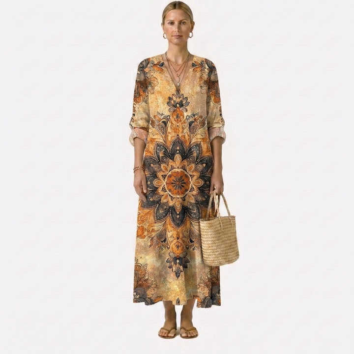 Vestido Dora con estampado de flores y elegancia natural
