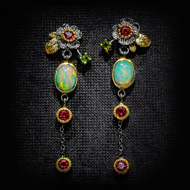 Pendientes Boho con Ópalo y Zirconio rojo