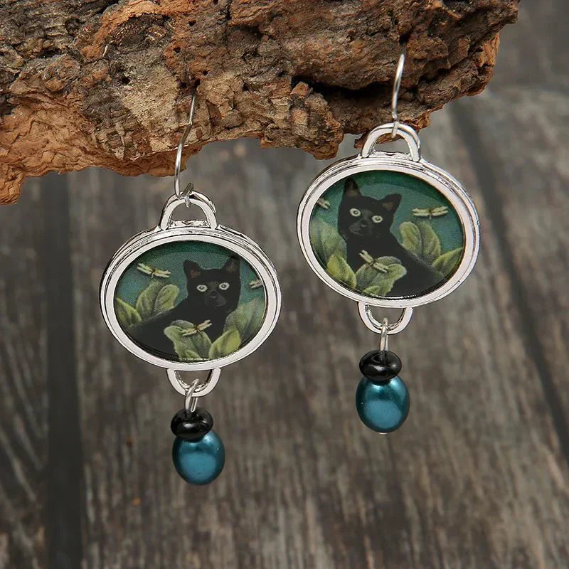 Pendientes colgantes vintage tropicales en forma de gato negro