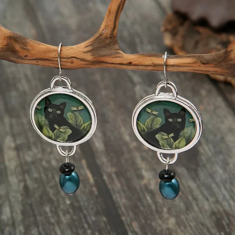 Pendientes colgantes vintage tropicales en forma de gato negro