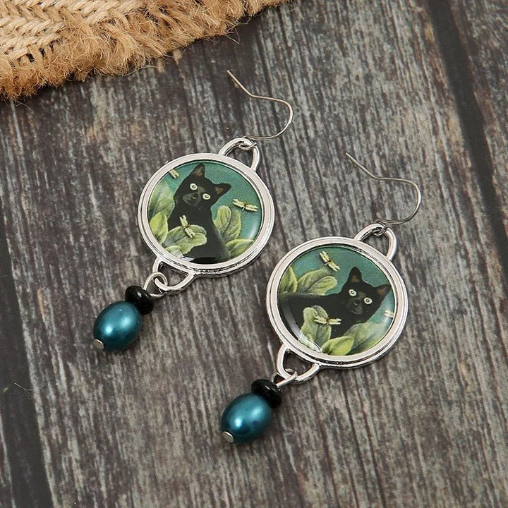 Pendientes colgantes vintage tropicales en forma de gato negro