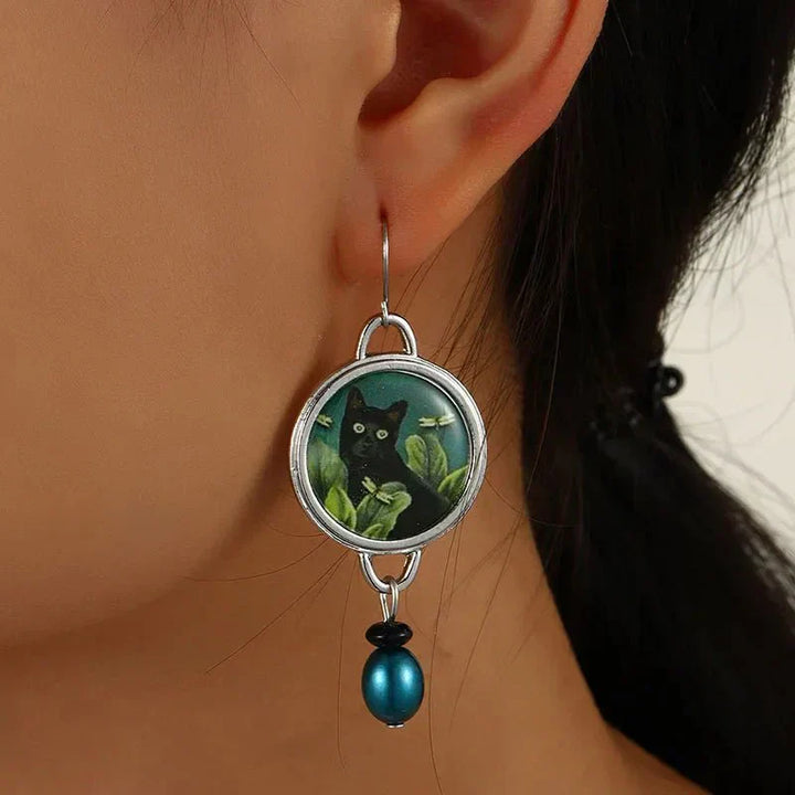 Pendientes colgantes vintage tropicales en forma de gato negro