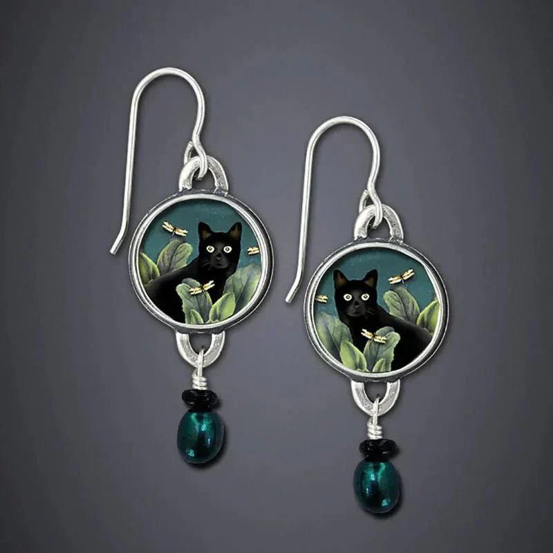 Pendientes colgantes vintage tropicales en forma de gato negro